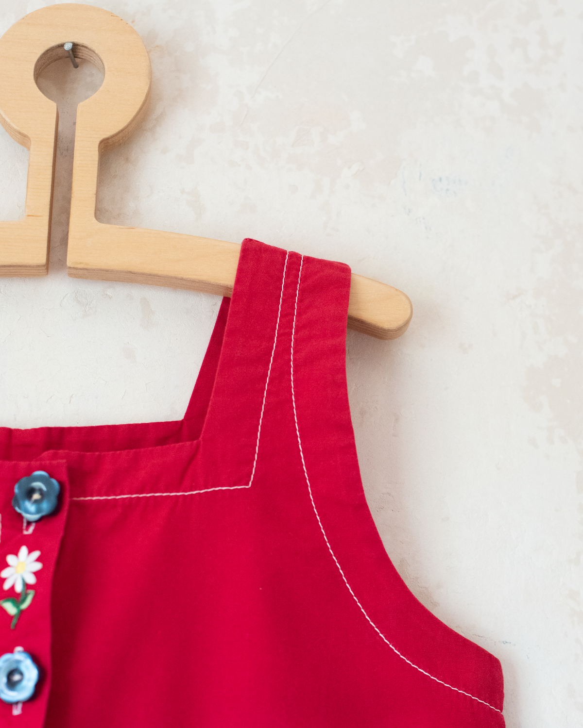 Red overalls with floral and chicken embroidery | 7-8 years