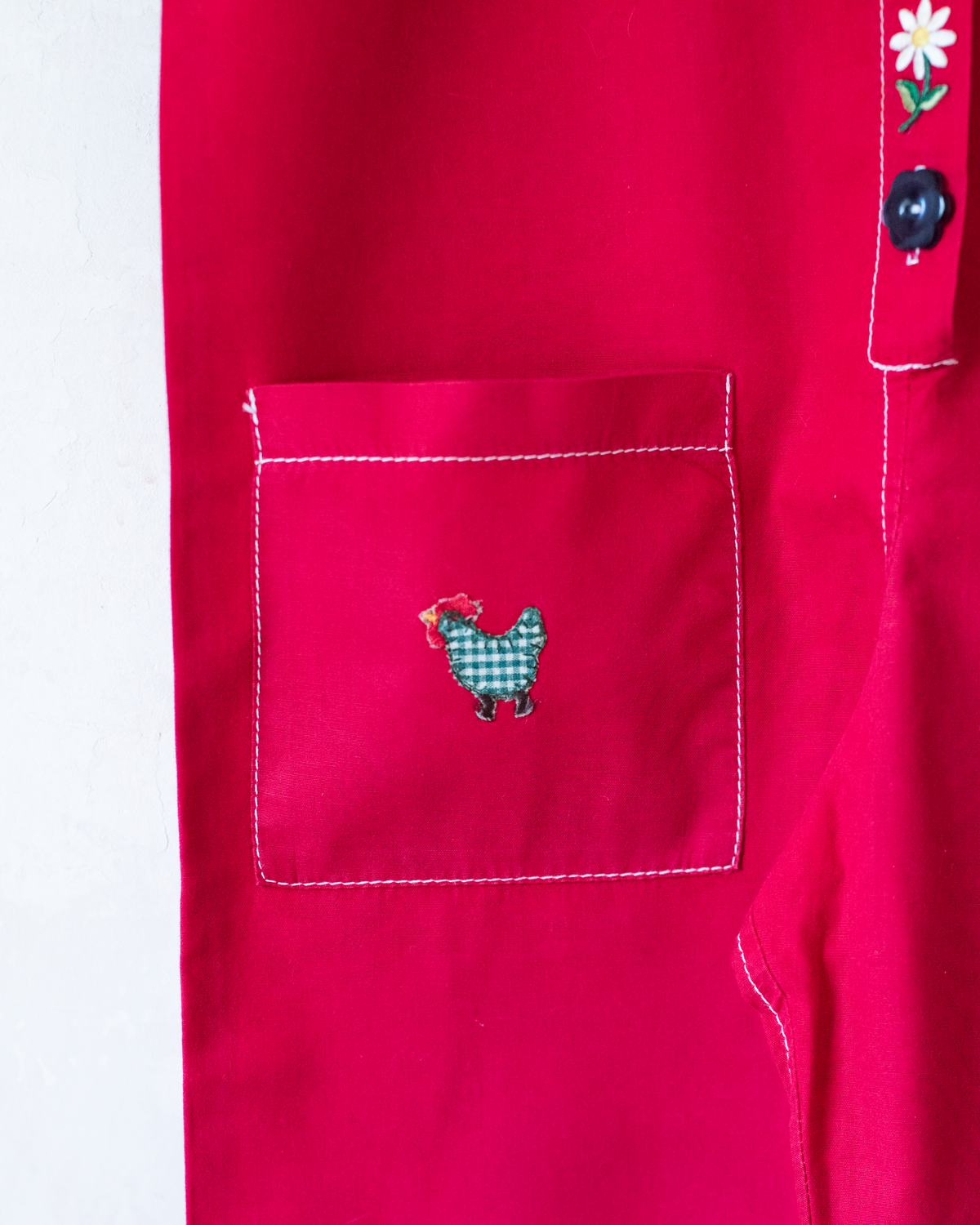 Red overalls with floral and chicken embroidery | 7-8 years