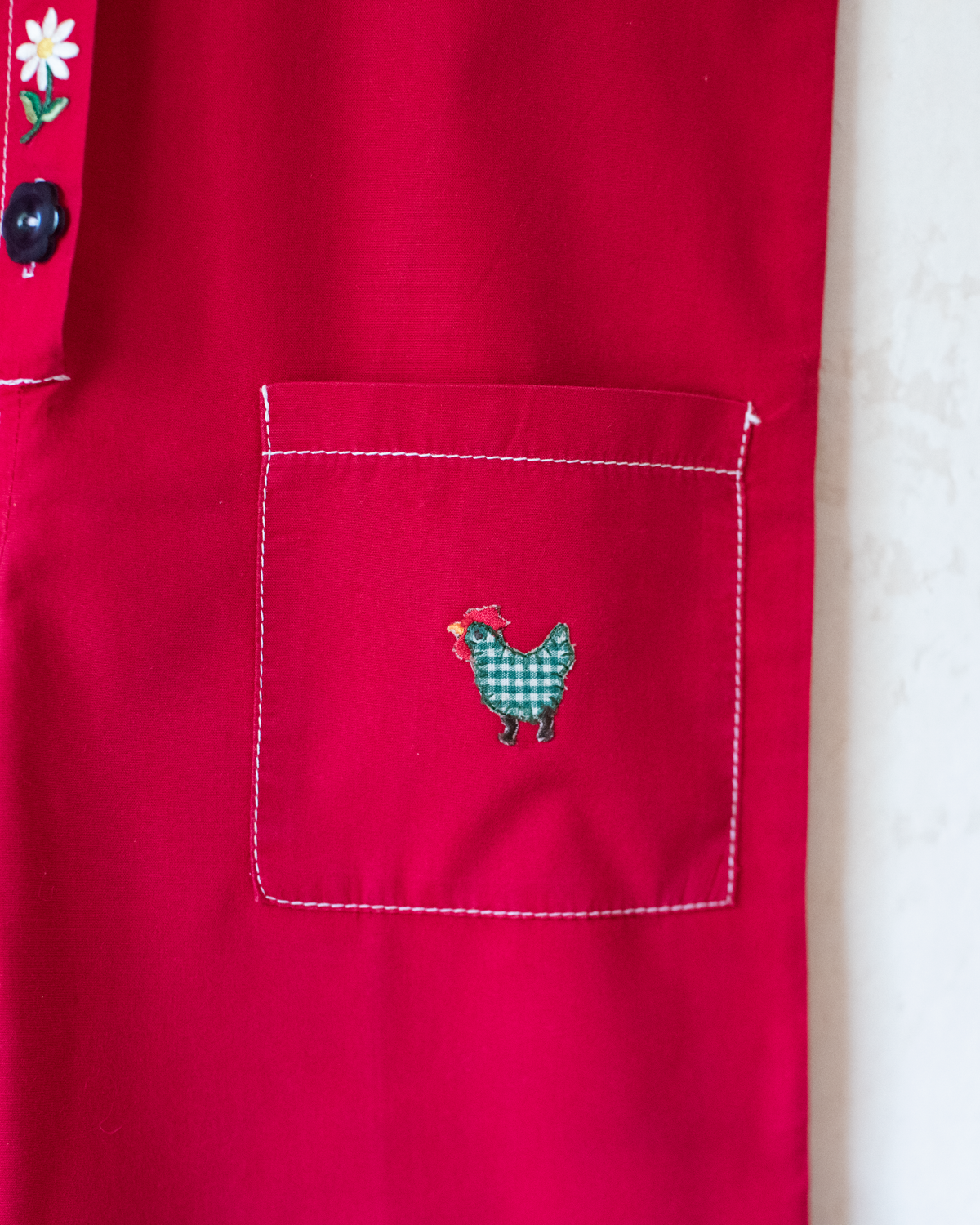 Red overalls with floral and chicken embroidery | 7-8 years