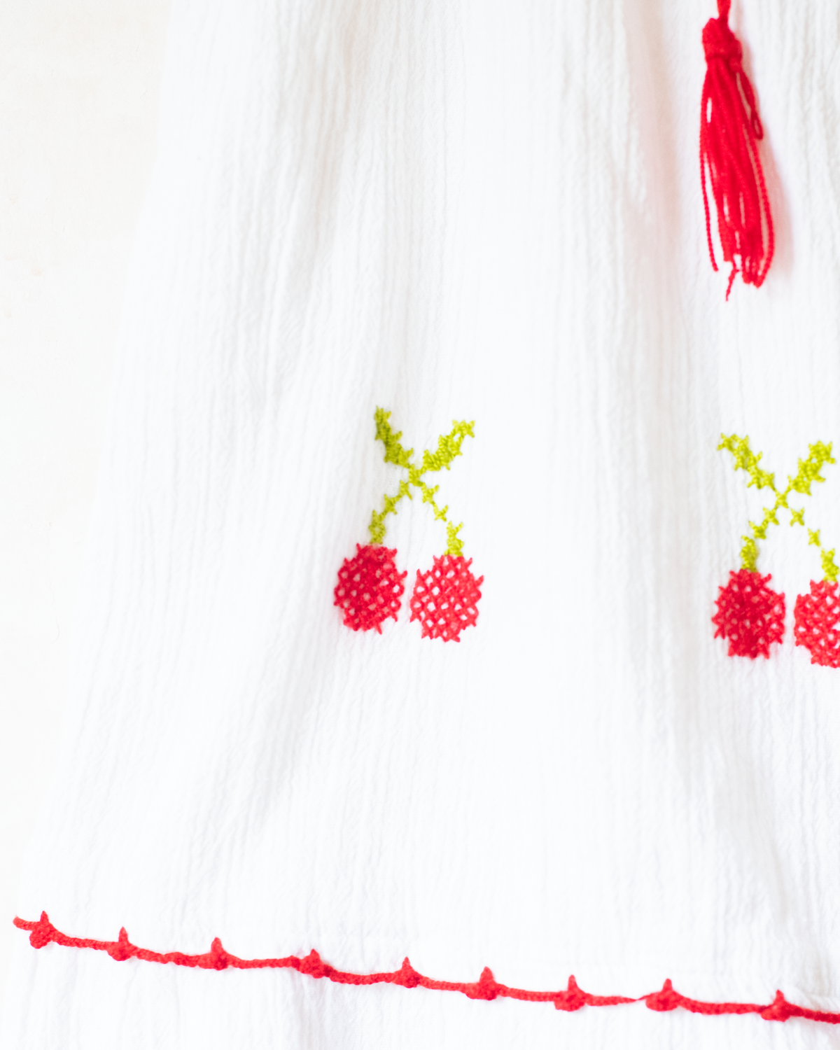 White boho dress with embroidered cherries | 5-6 years