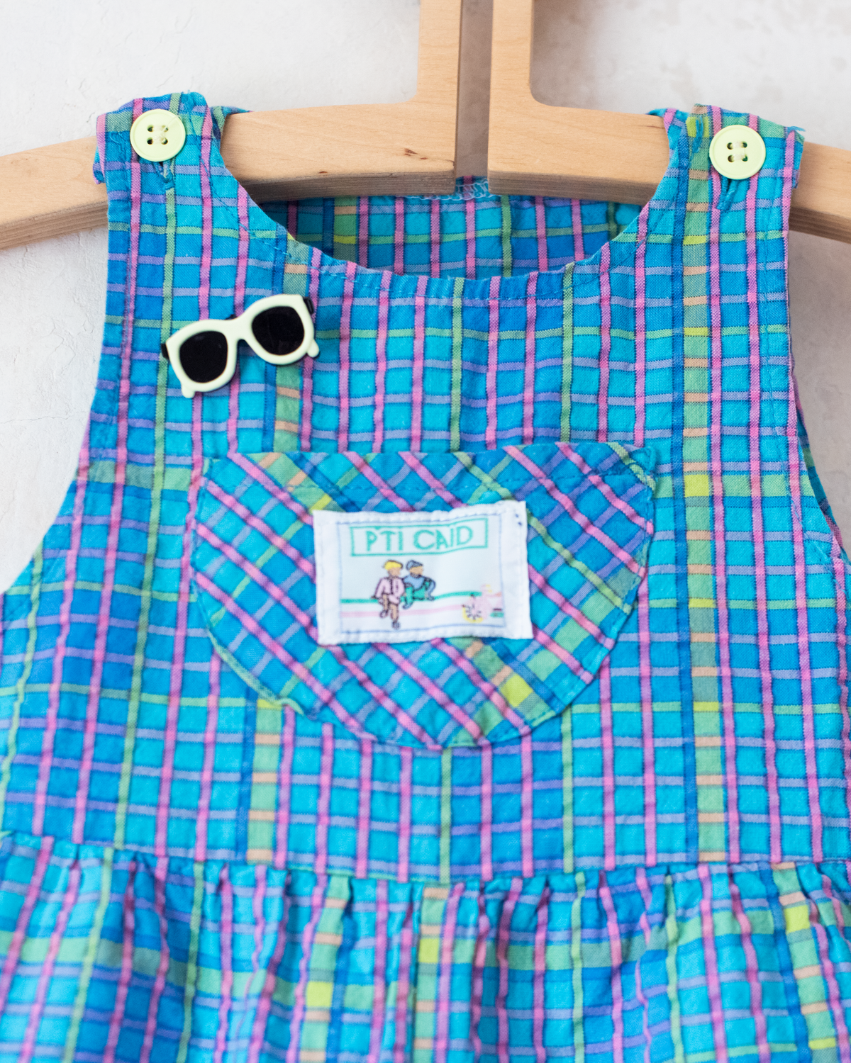 Colorful checkered overalls with sunglasses | 9-12 months