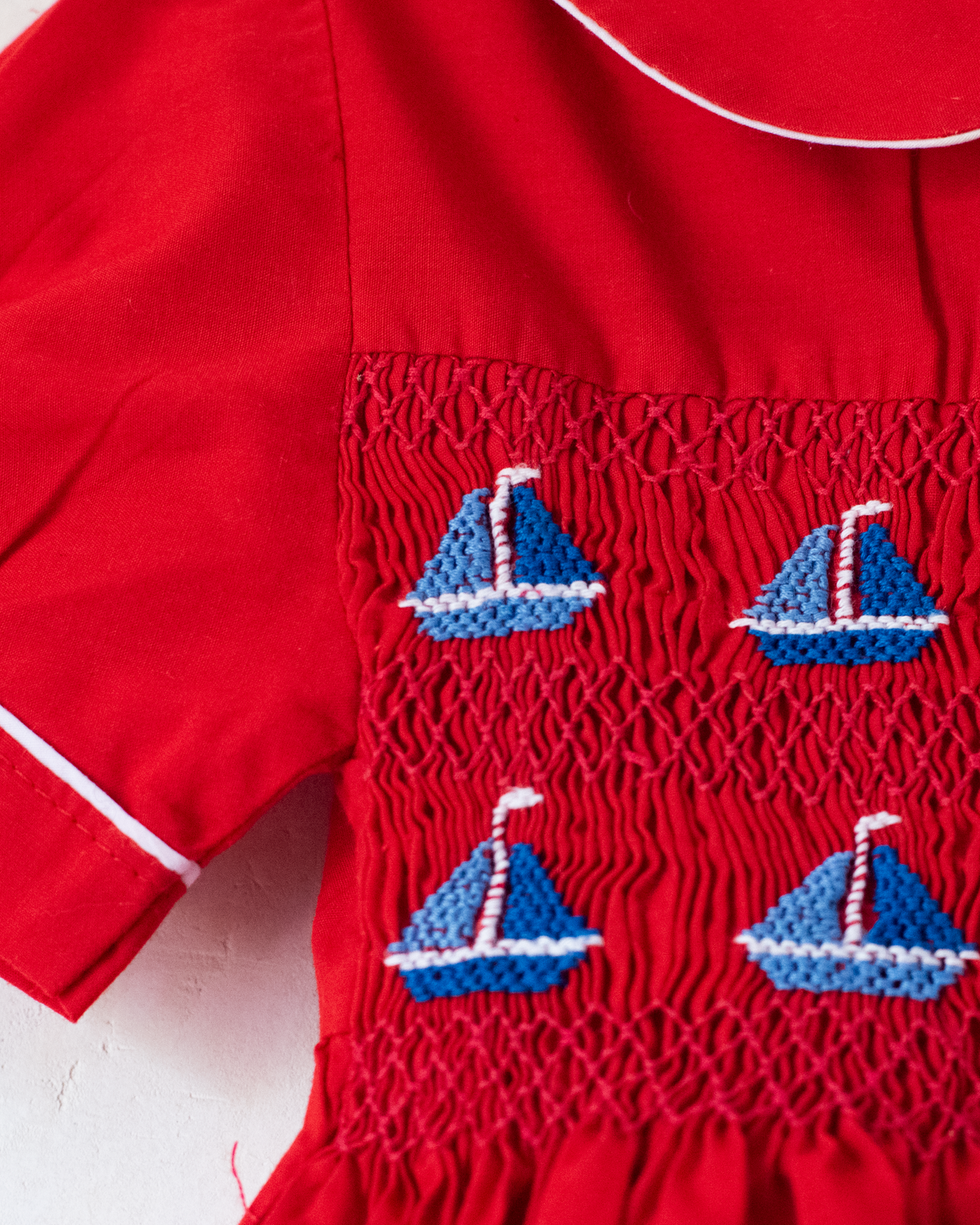 Red Sailors Overall with Embroidered Boats | 12-18 Months