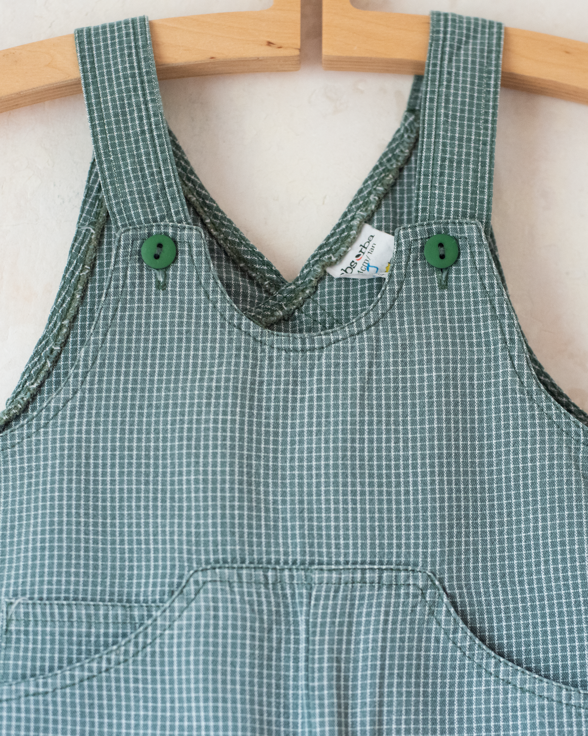 Green checkered romper with a Babar the Elephant embroidery | 12-18 months