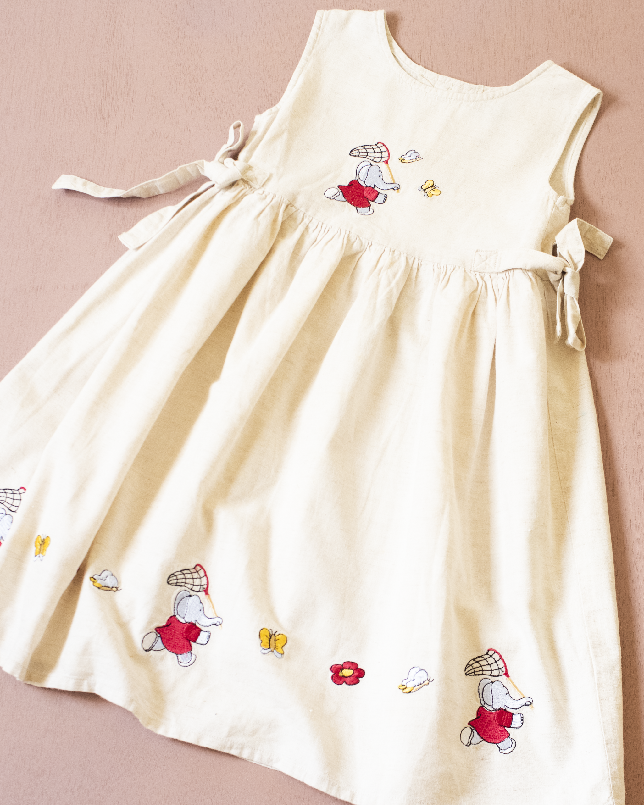 Linen dress with King Babar and butterfly embroideries | 3-4 years