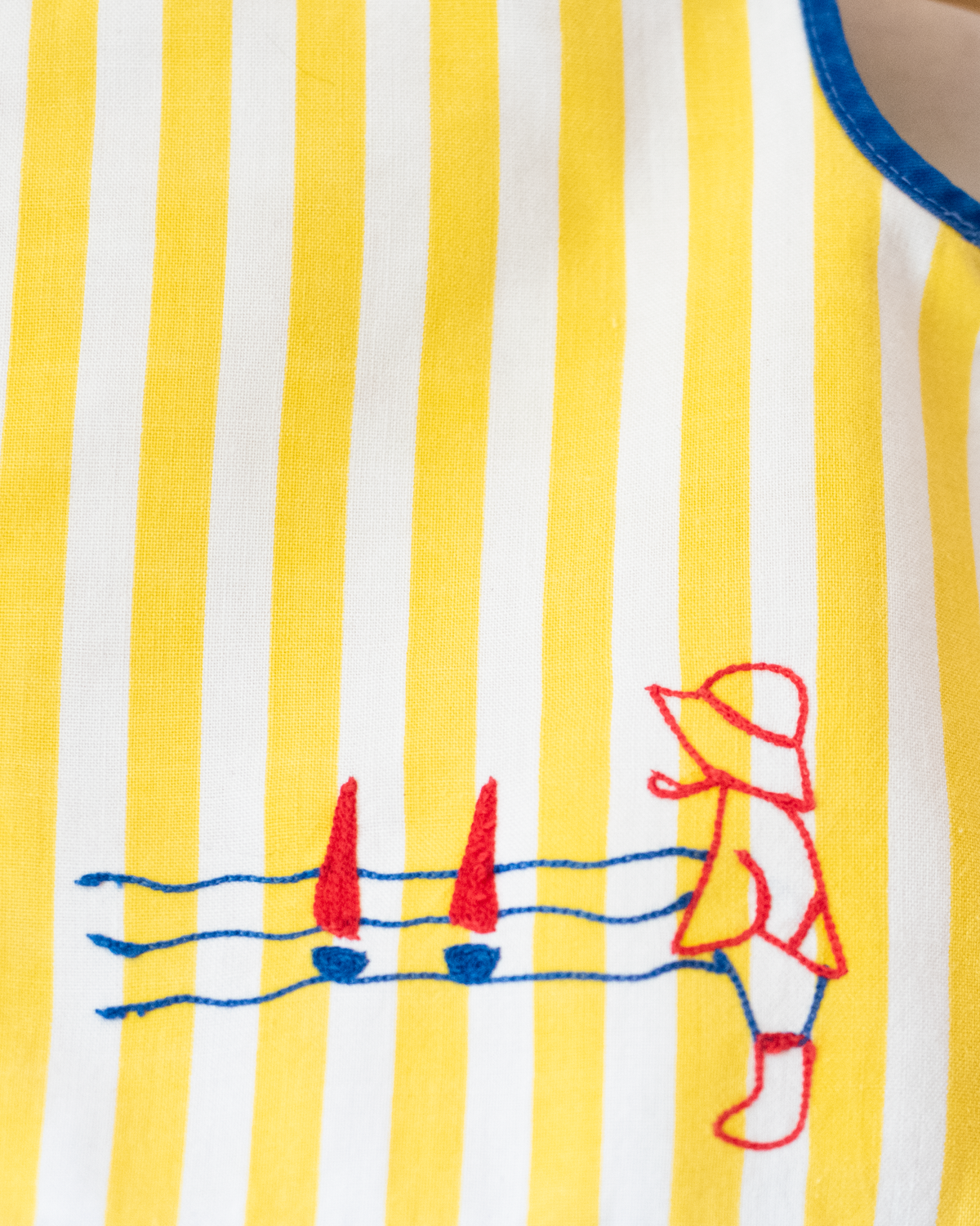 Striped tank top with girl and boat embroidery | 6-9 months