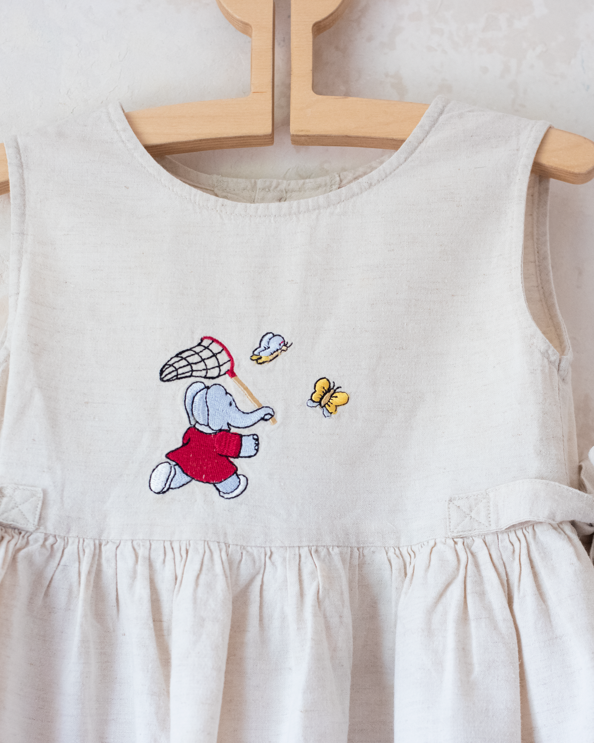 Linen dress with King Babar and butterfly embroideries | 3-4 years