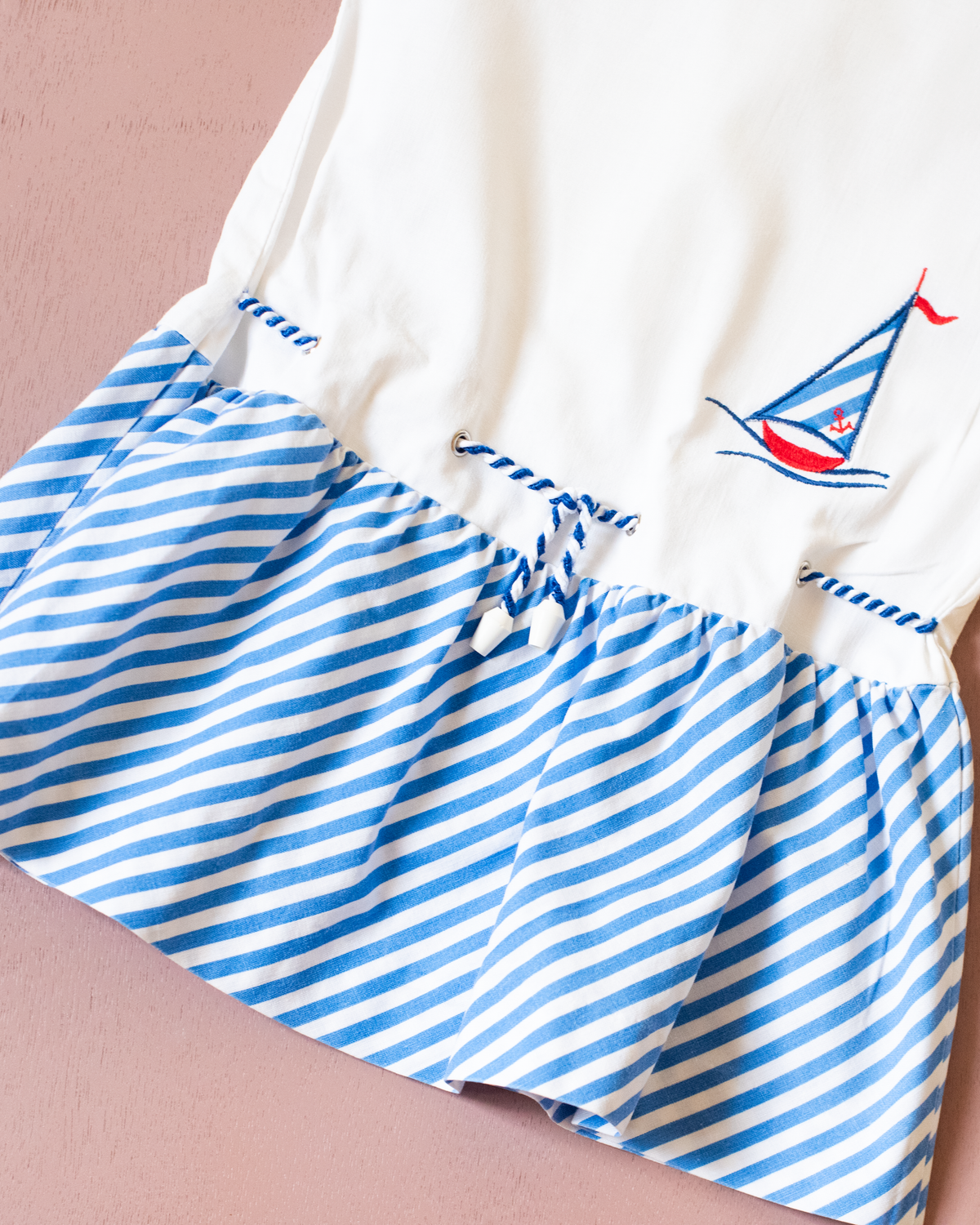White dress with stripes and a sailboat | 18-24 months
