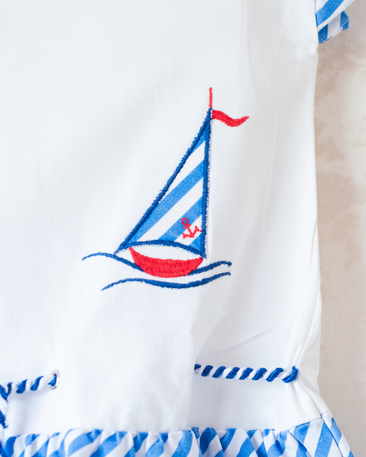 White dress with stripes and a sailboat | 18-24 months