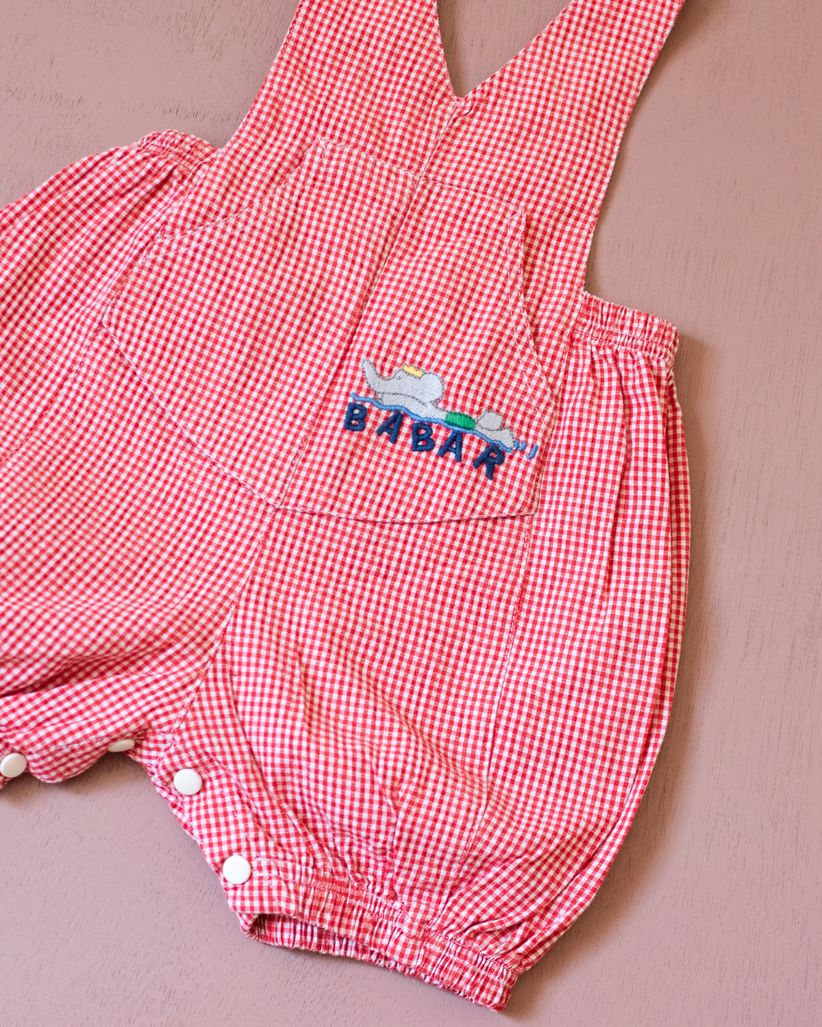 Plaid overall with Babar the King swimming embroidery | 6-9 months