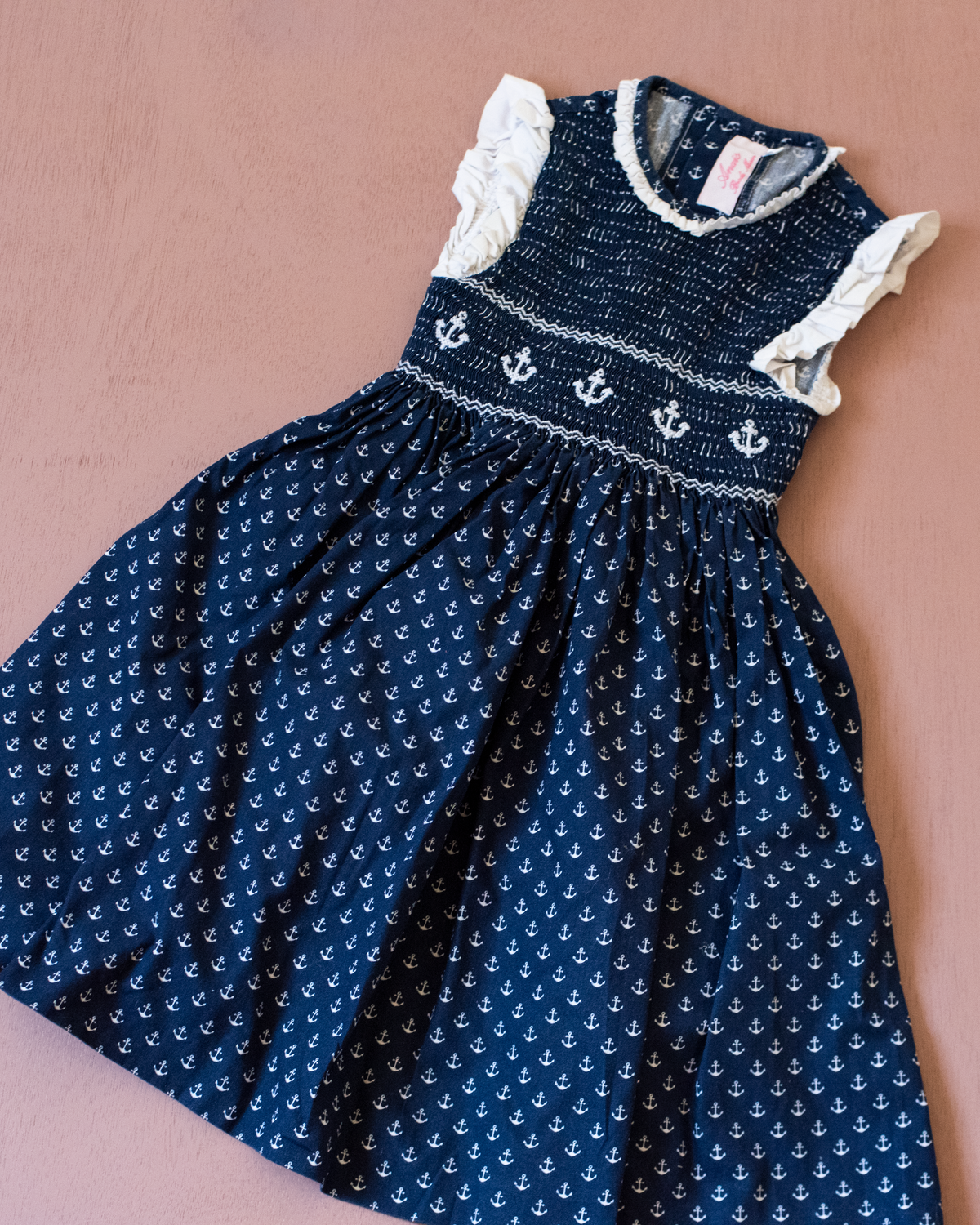 Blue dress with anchors and shirring embroidery | 2-3 years