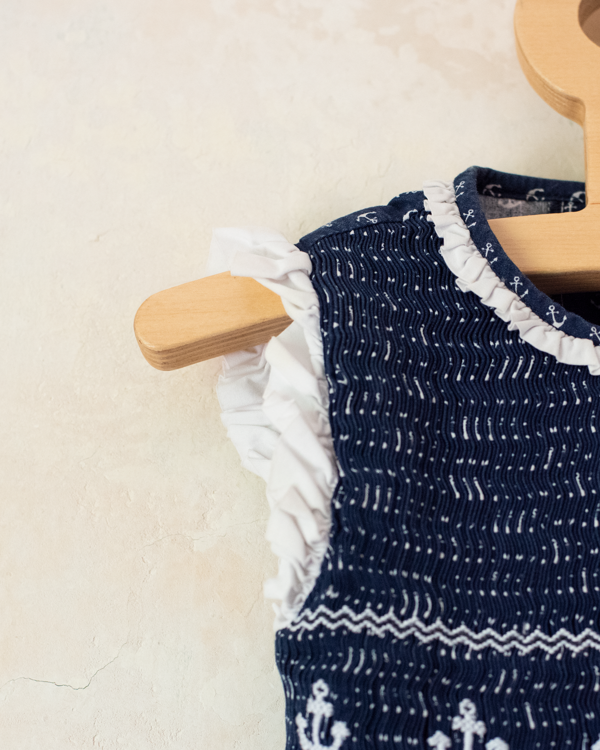 Blue dress with anchors and shirring embroidery | 2-3 years