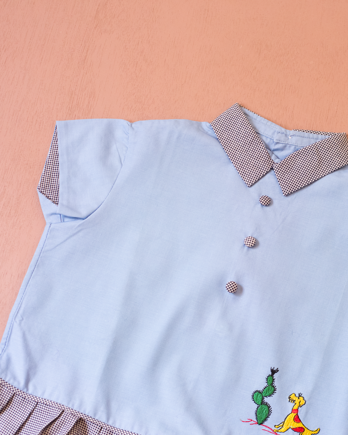 Light blue checkered dress with dog and cactus embroidery | French deadstock from the seventies | 18-24 months