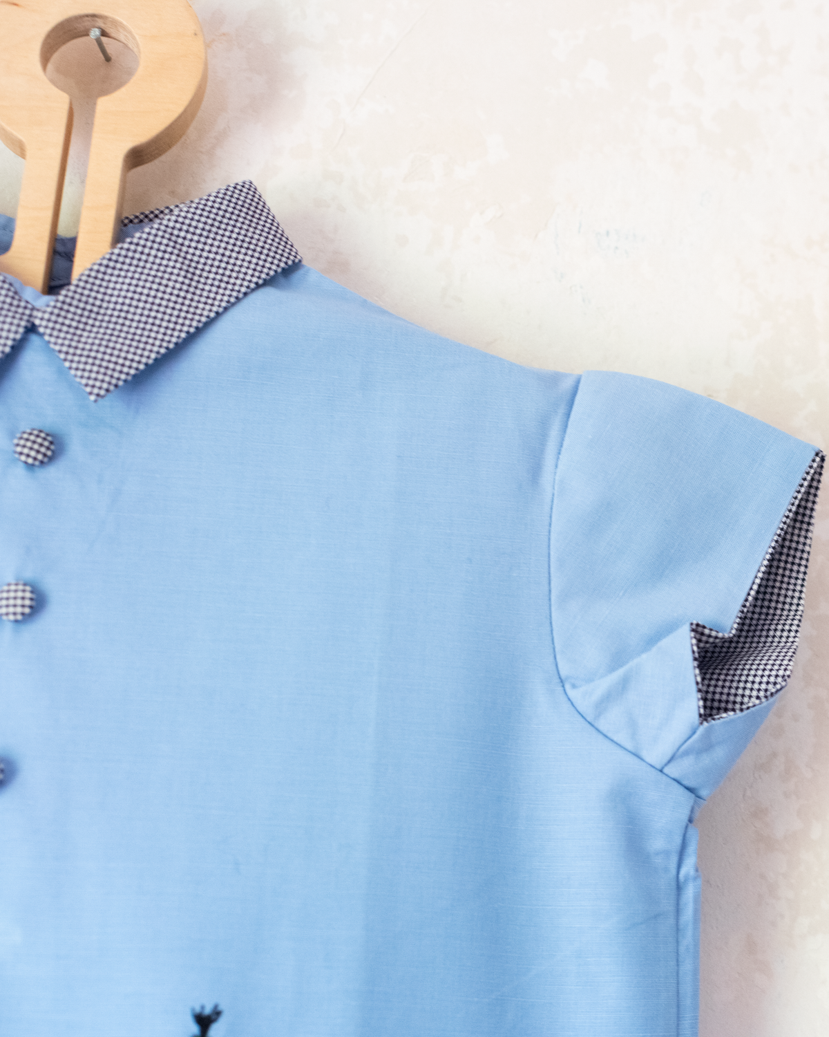 Light blue checkered dress with dog and cactus embroidery | French deadstock from the seventies | 18-24 months