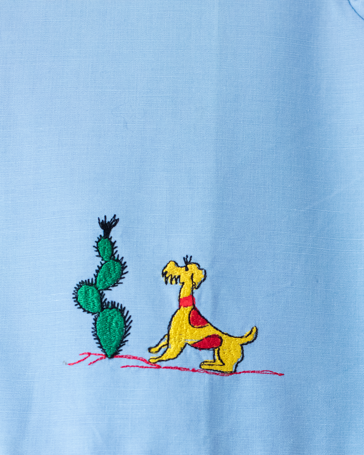 Light blue checkered dress with dog and cactus embroidery | French deadstock from the seventies | 18-24 months