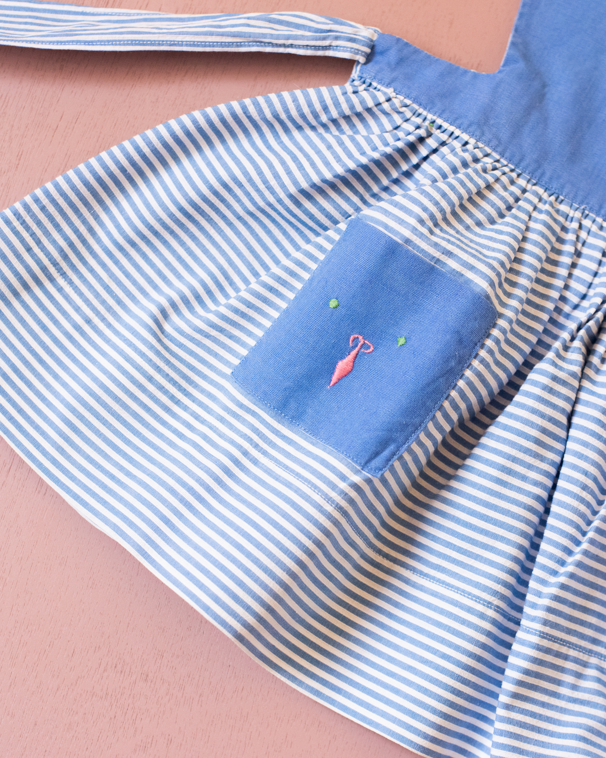 Light blue sarafan with stripes and embroidery | French dead stock from the 60s | 9-12 months