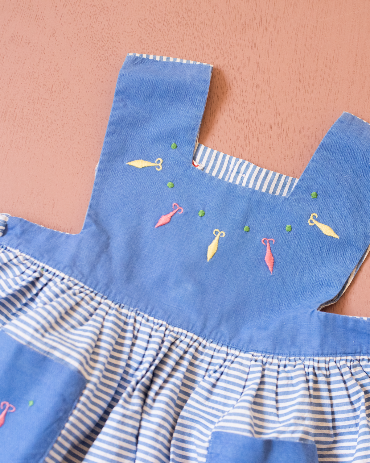 Light blue sarafan with stripes and embroidery | French dead stock from the 60s | 9-12 months