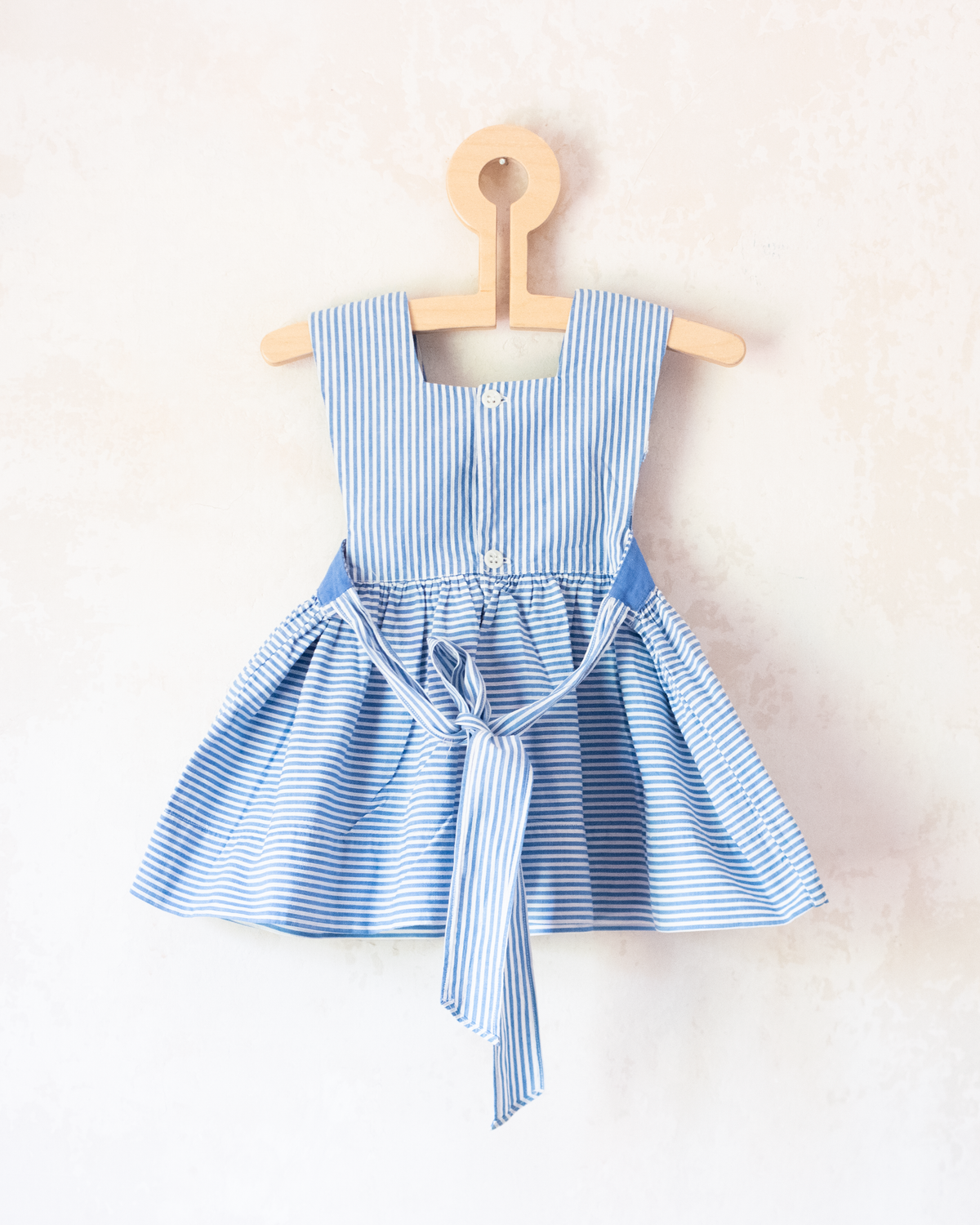 Light blue sarafan with stripes and embroidery | French dead stock from the 60s | 9-12 months