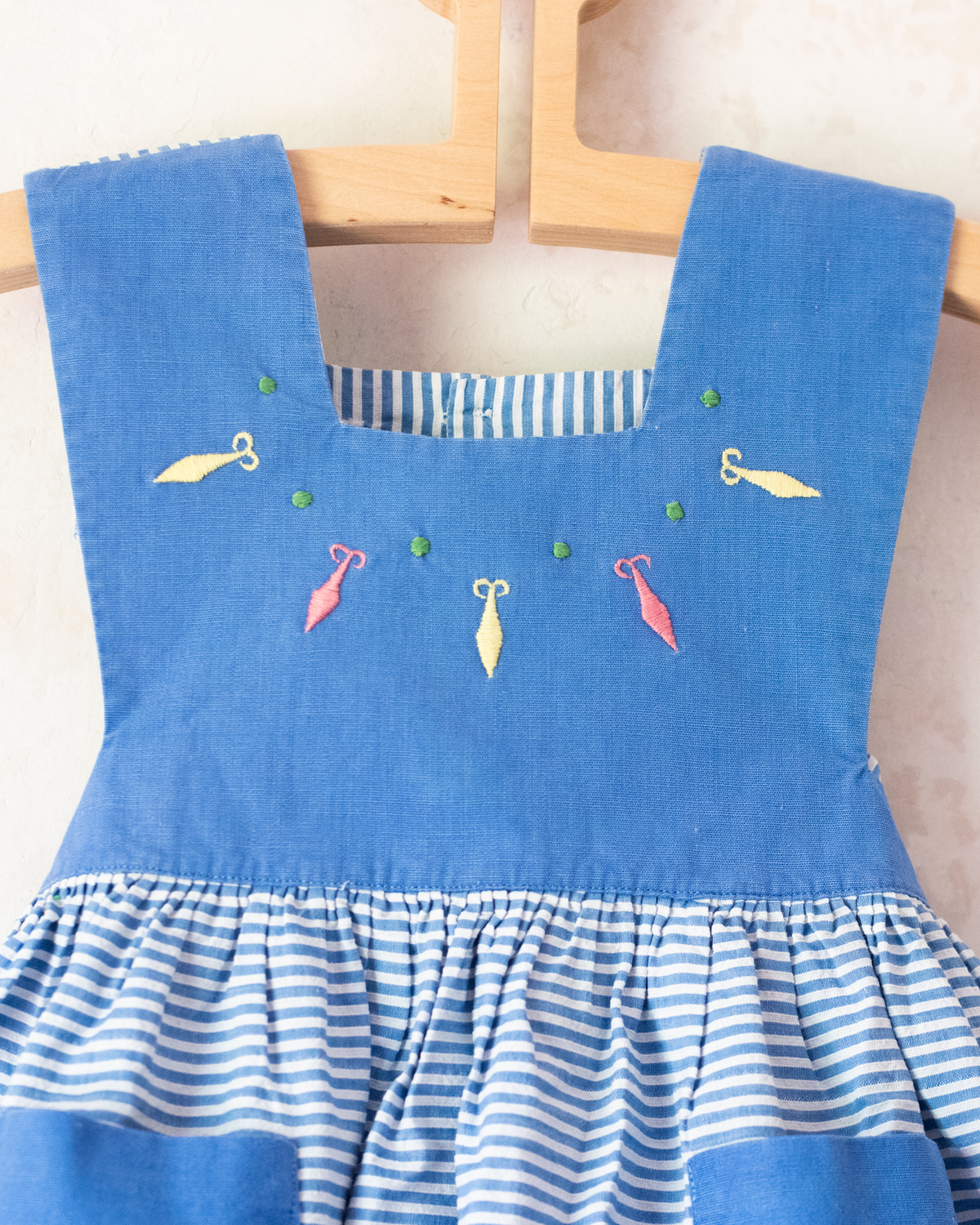 Light blue sarafan with stripes and embroidery | French dead stock from the 60s | 9-12 months