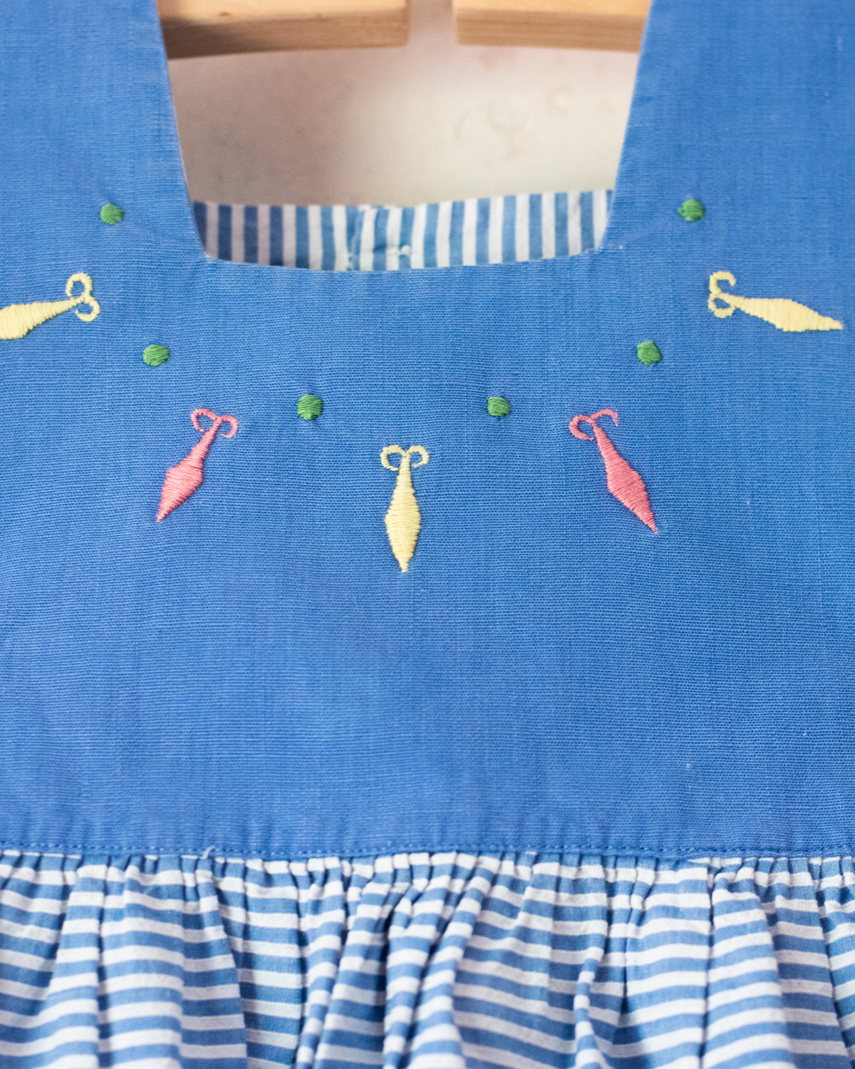 Light blue sarafan with stripes and embroidery | French dead stock from the 60s | 9-12 months