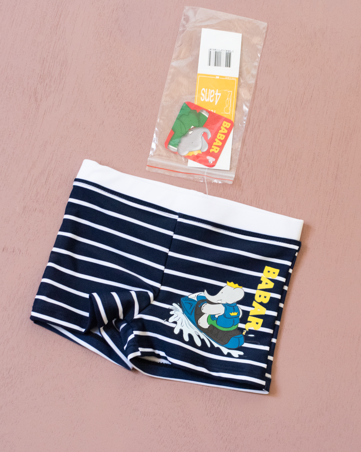 Blue striped swimsuit with King Babar | French deadstock | 3-4 years