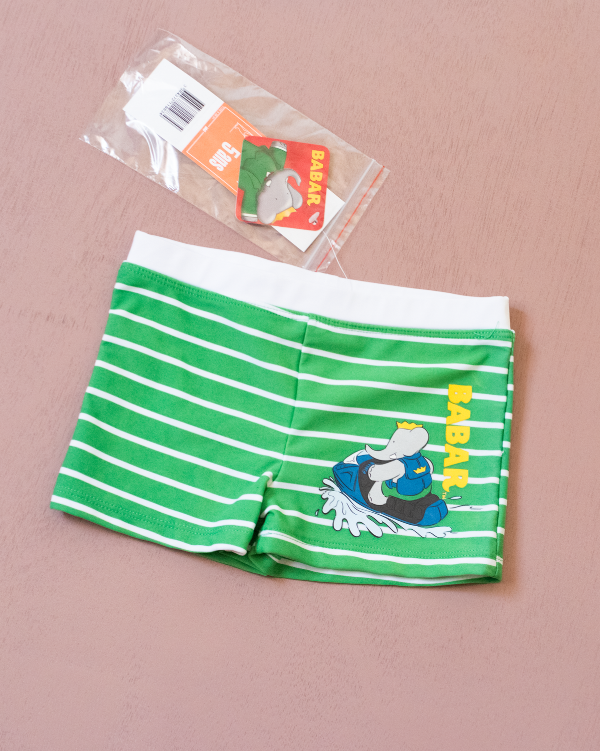Green striped swimsuit with a bear king | French deadstock | 4-5 years