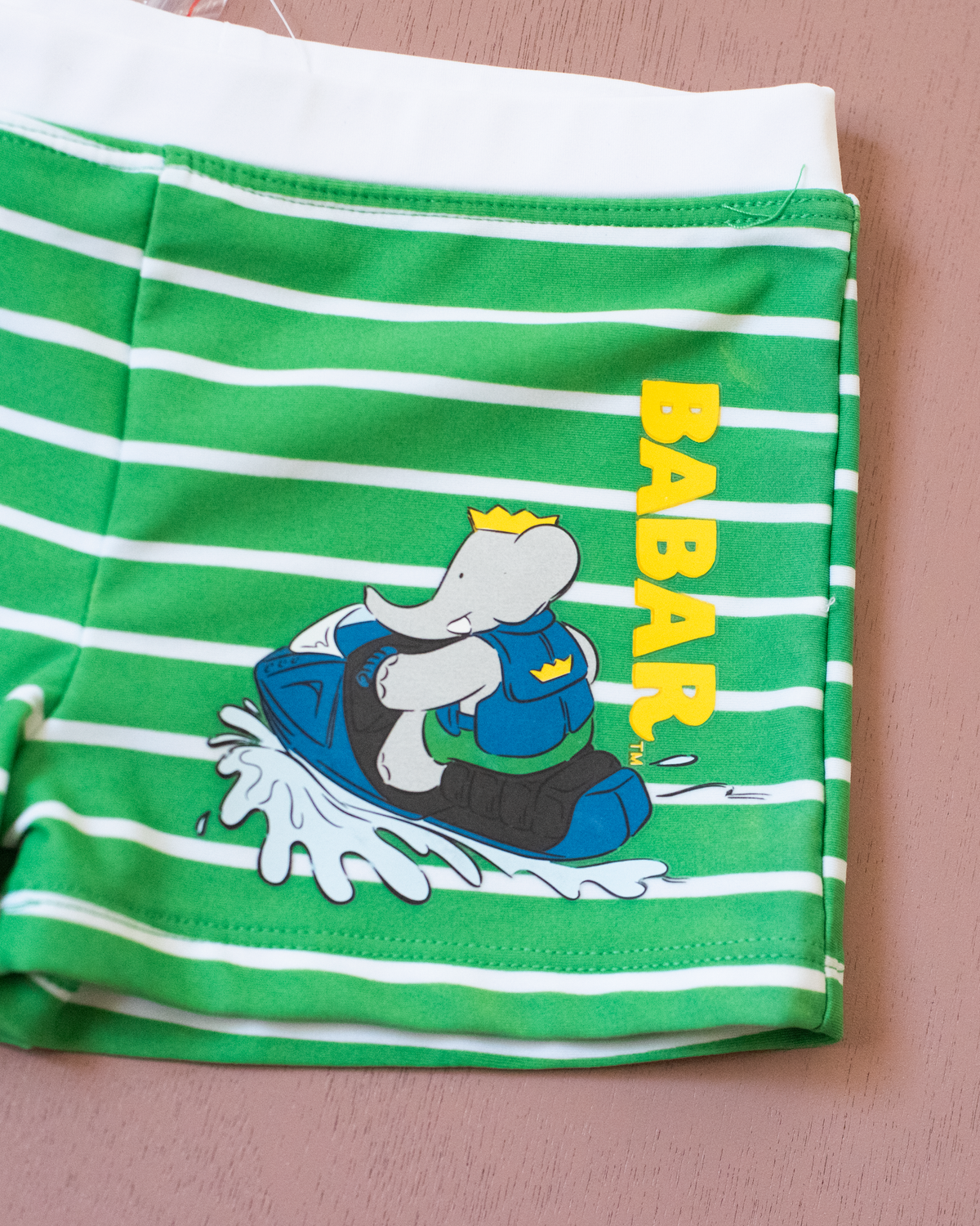 Green striped swimsuit with a bear king | French deadstock | 4-5 years