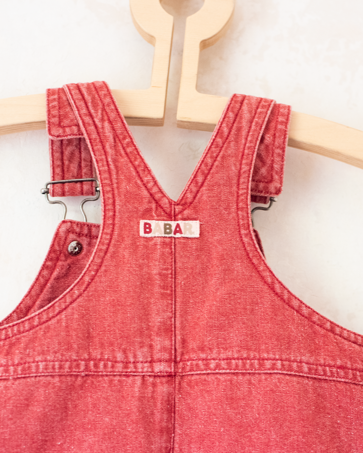 Red denim sundress with King Bebar embroidery | 9-12 months