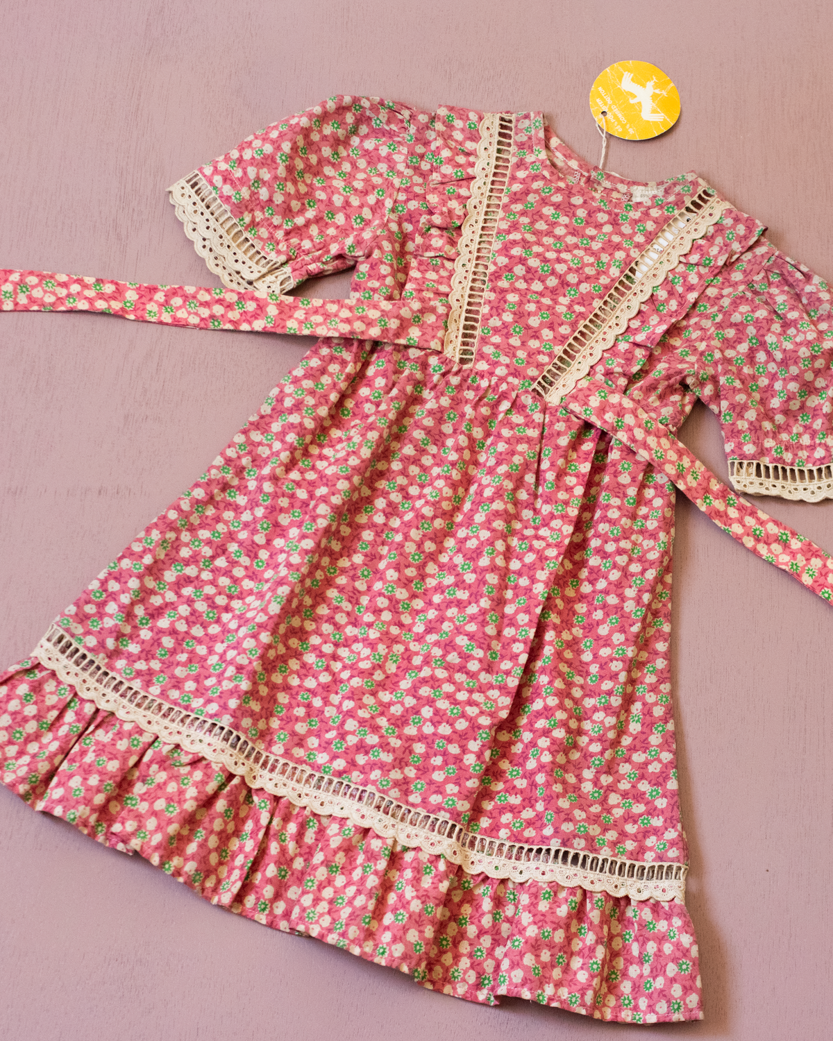 Floral dress with beige lace | French deadstock from the seventies | 12-18 months