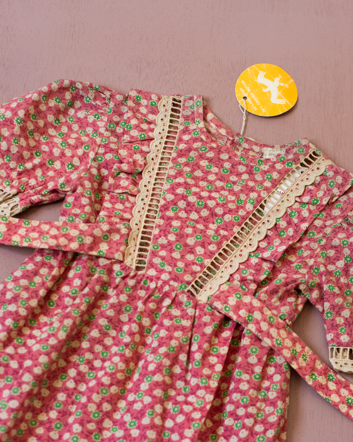 Floral dress with beige lace | French deadstock from the seventies | 12-18 months
