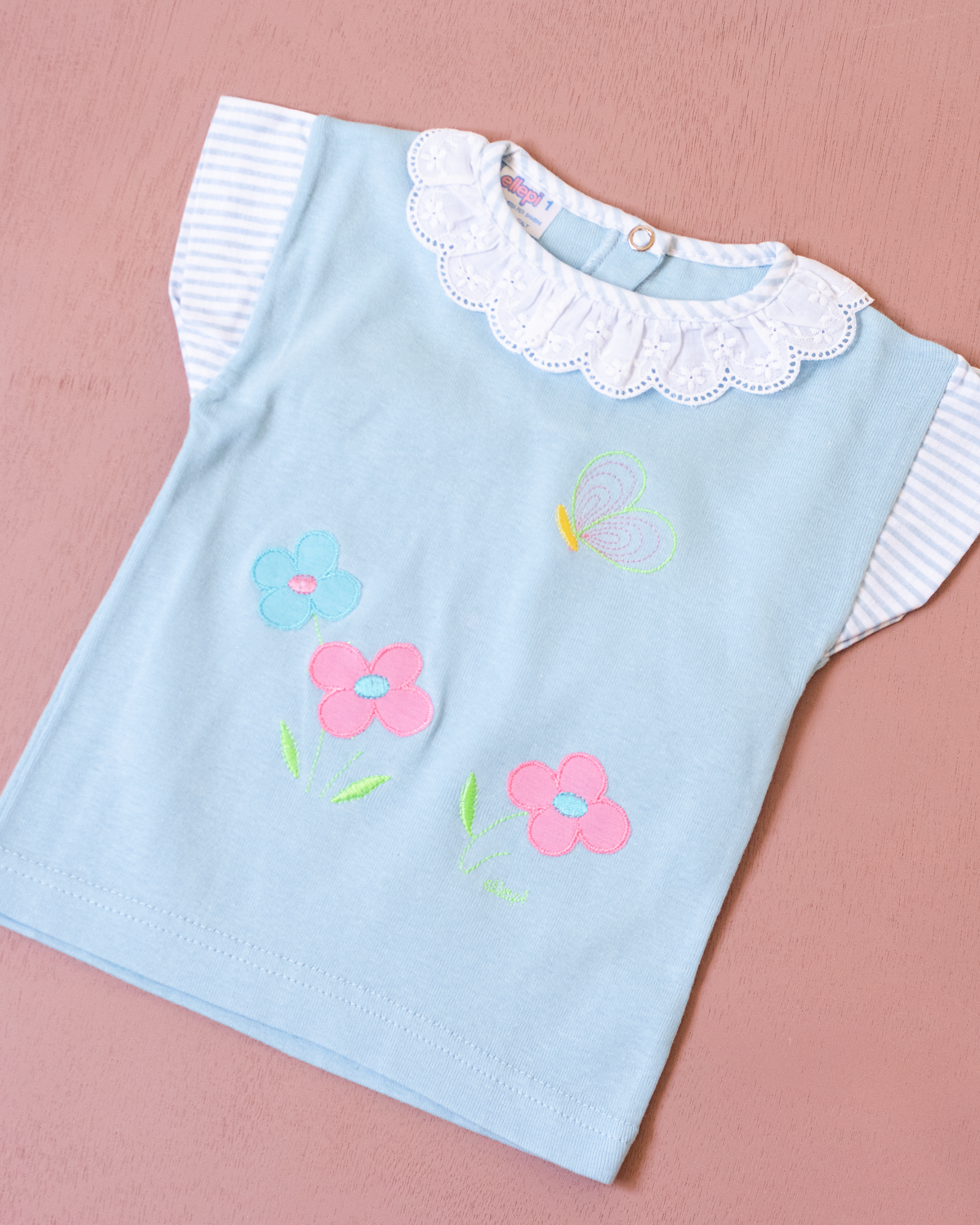 Light blue T-shirt with embroidered flowers and lace | Italian dead stock | 3-6 months