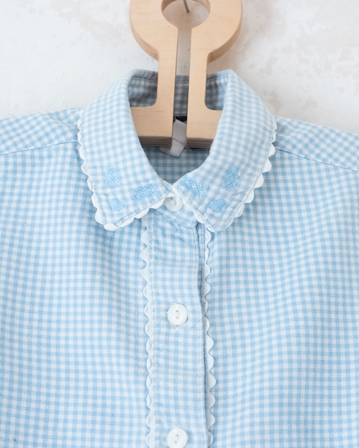 Light blue and white plaid shirt with embroidered collar | 4-5 years