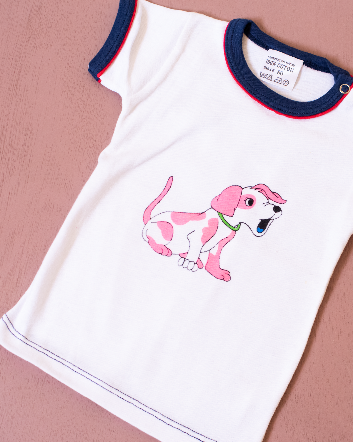 White Nostalgic T-Shirt with Pink Dog | 3-6 Months