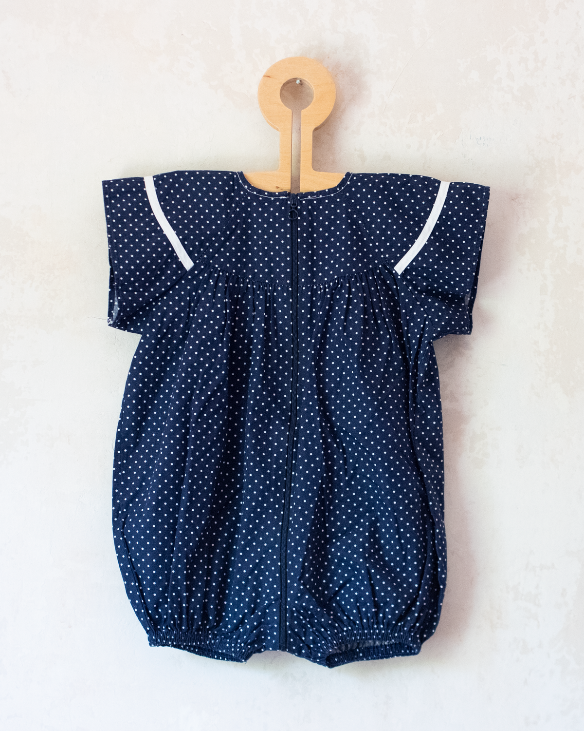 Polka Dot Blue Romper with Embroidered Sailboat | 6-9 months