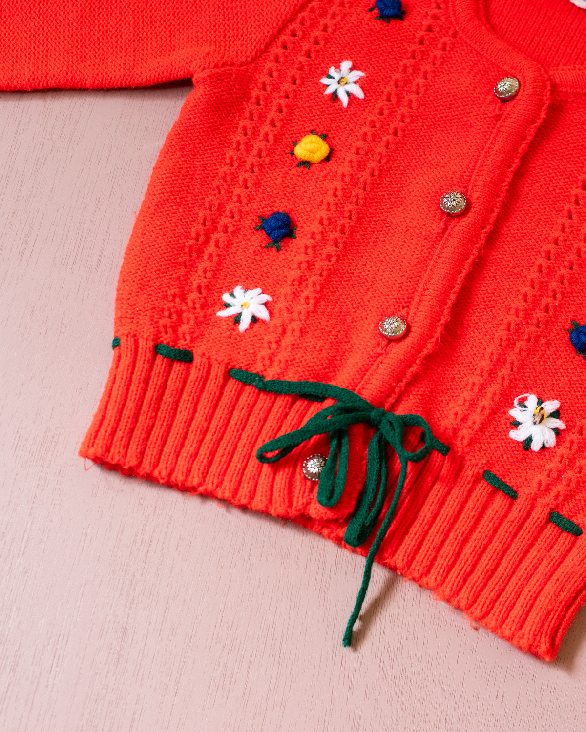 Red wool cardigan with flowers | 12-18 months
