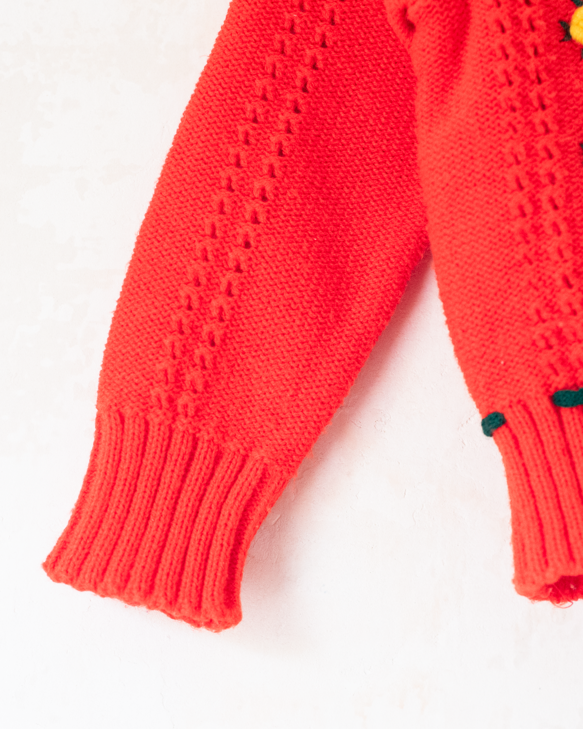 Red wool cardigan with flowers | 12-18 months
