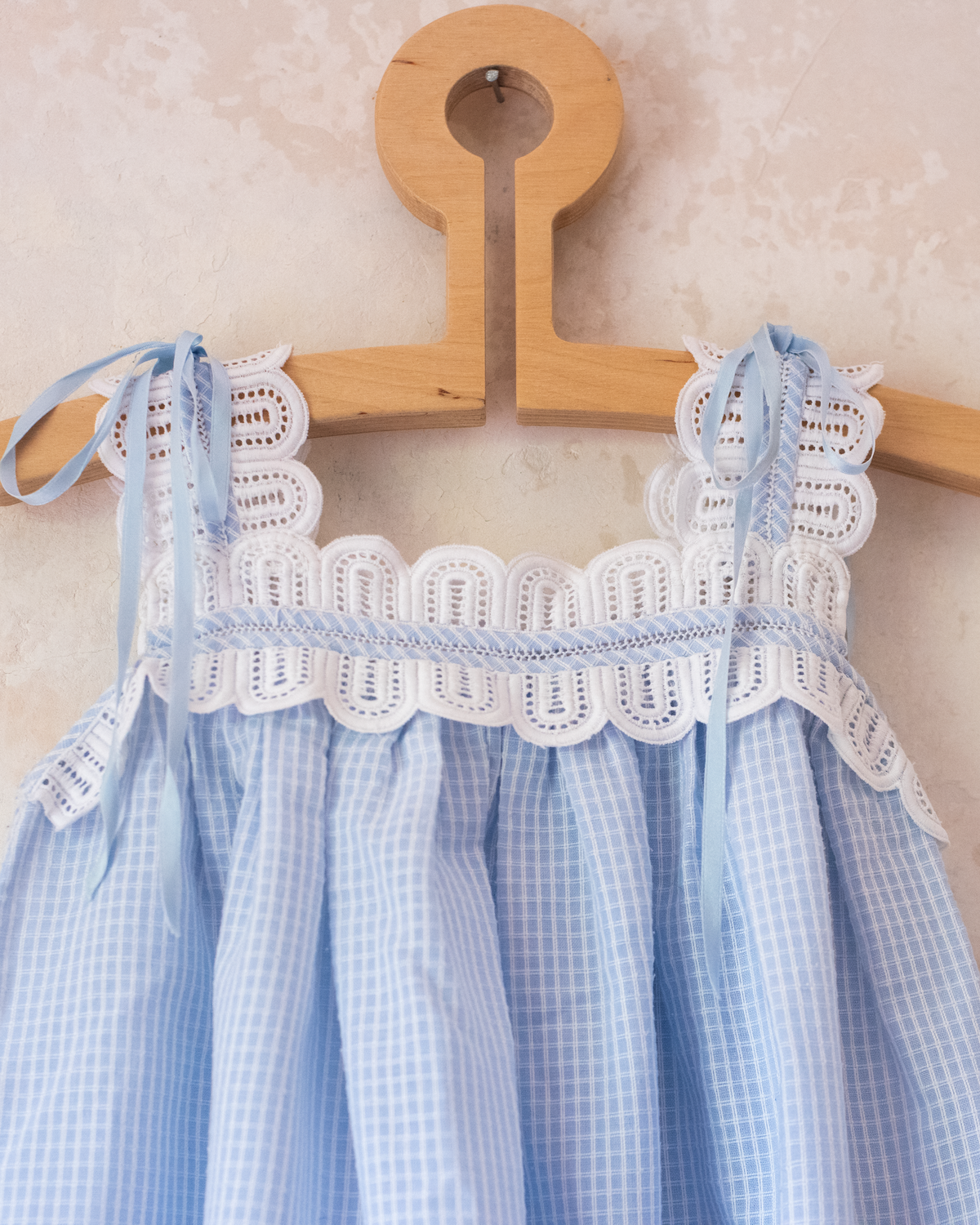 Light blue plaid dress with white lace and ribbons | 12-18 months