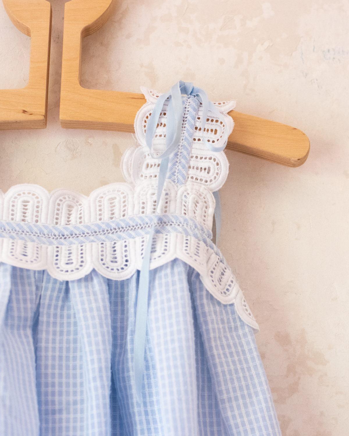 Light blue plaid dress with white lace and ribbons | 12-18 months