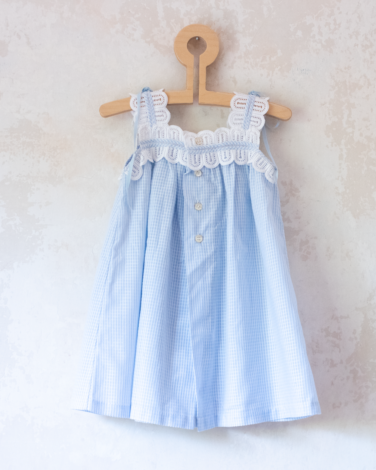 Light blue plaid dress with white lace and ribbons | 12-18 months