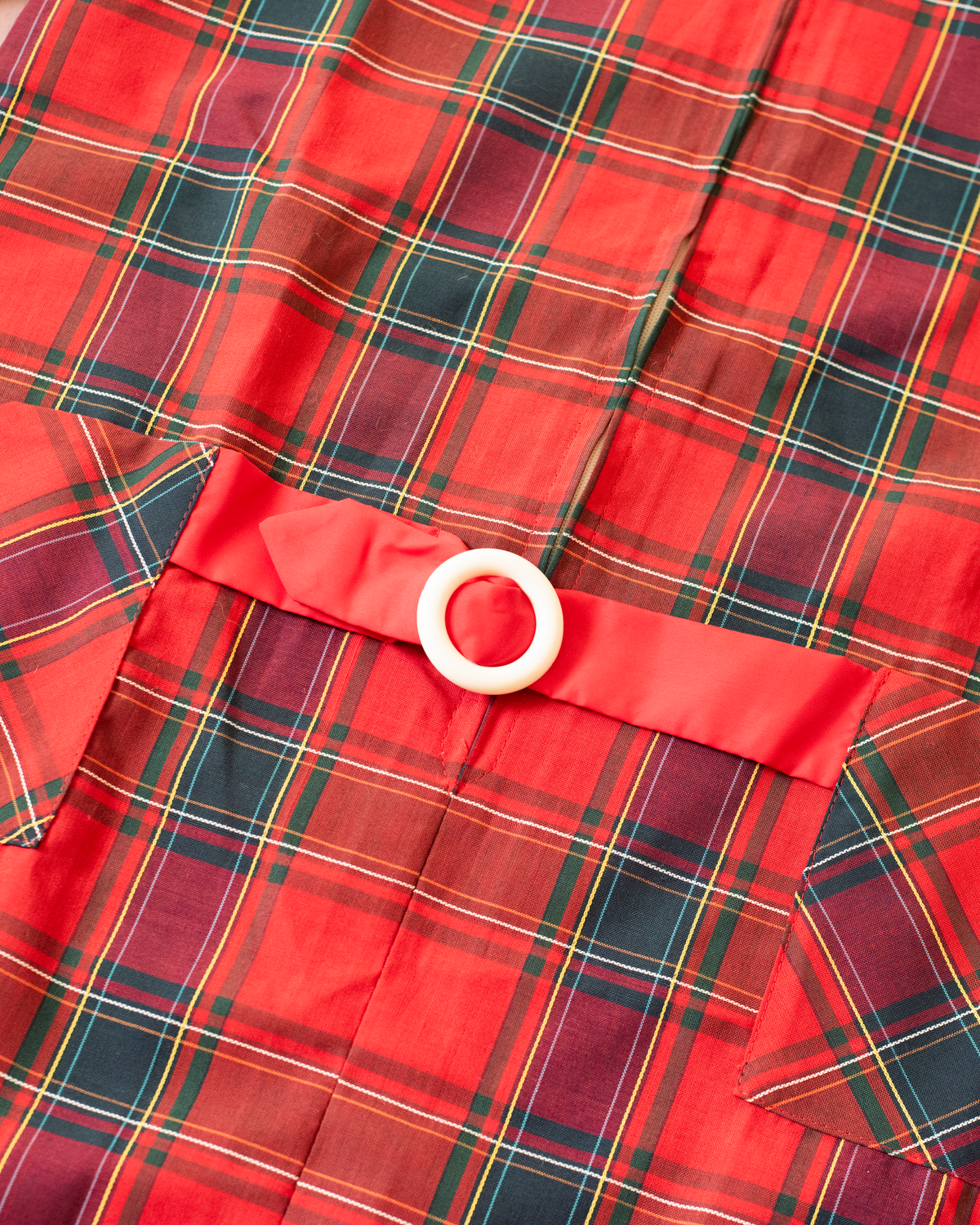 Red plaid dress with belt | French deadstock | Ages 7-8
