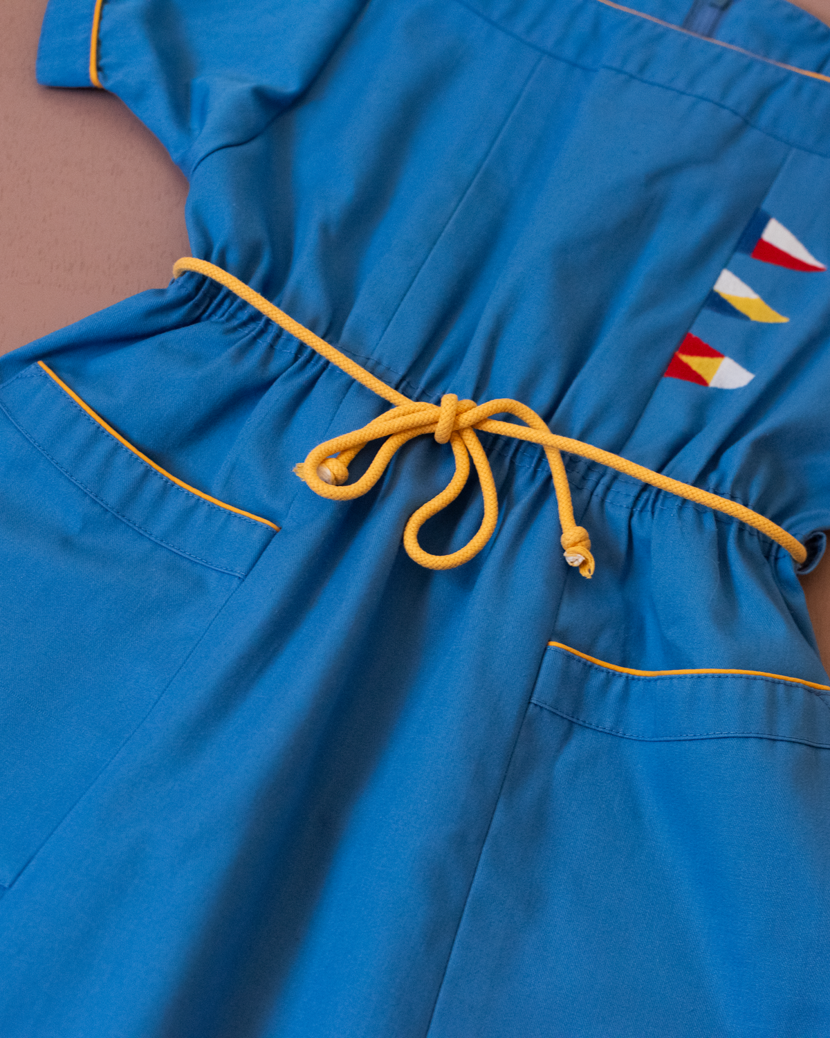 Blue sailor dress with embroidered flags | French deadstock | 6-7 years