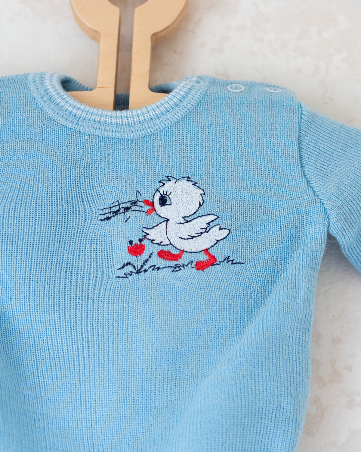 Light blue knit with stripes and a singing chick | French deadstock from the 70s | 6-9 months