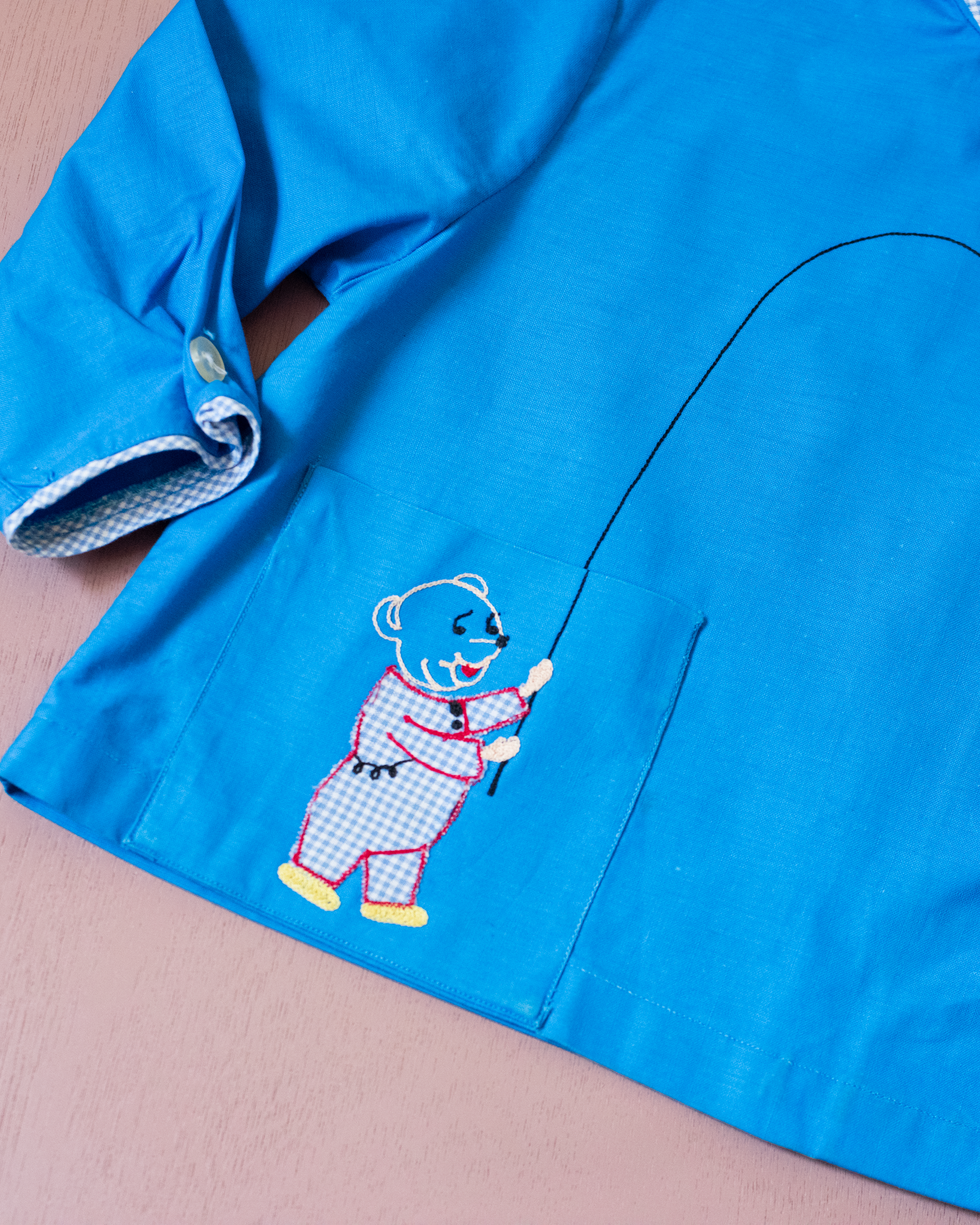 חולצה מכופתרת עם רקמת דובי וחכת דיג | דד סטוק צרפתי | 2-3 שנים