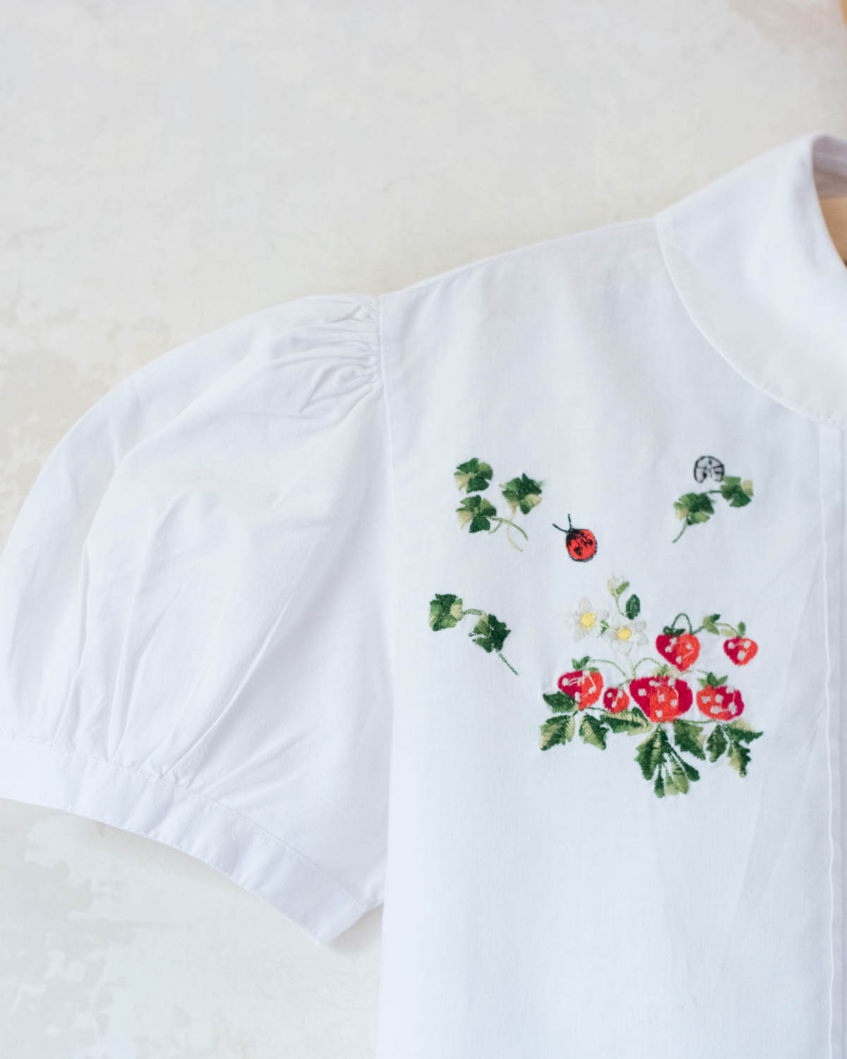 White shirt with strawberry and beetle embroidery | 6-7 years