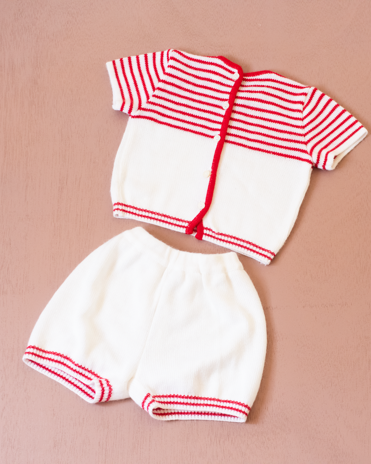 White and Red Knitted Short Set | 6-9 Months