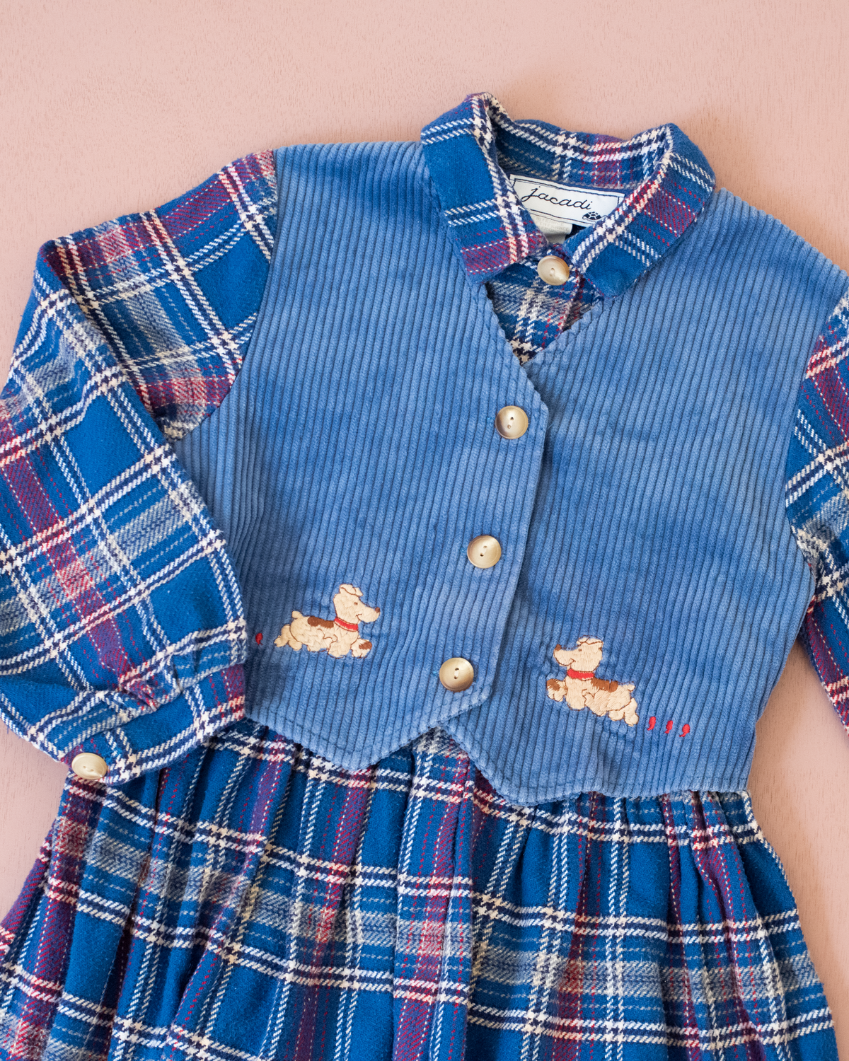 Blue plaid dress with embroidered dogs from Jacquard | 6-7 years