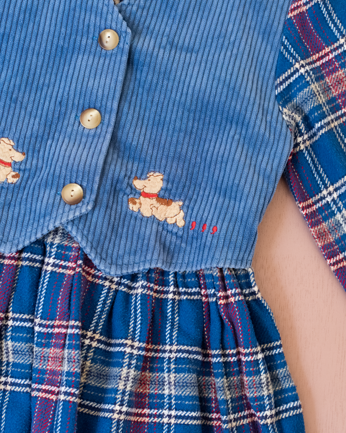 Blue plaid dress with embroidered dogs from Jacquard | 6-7 years