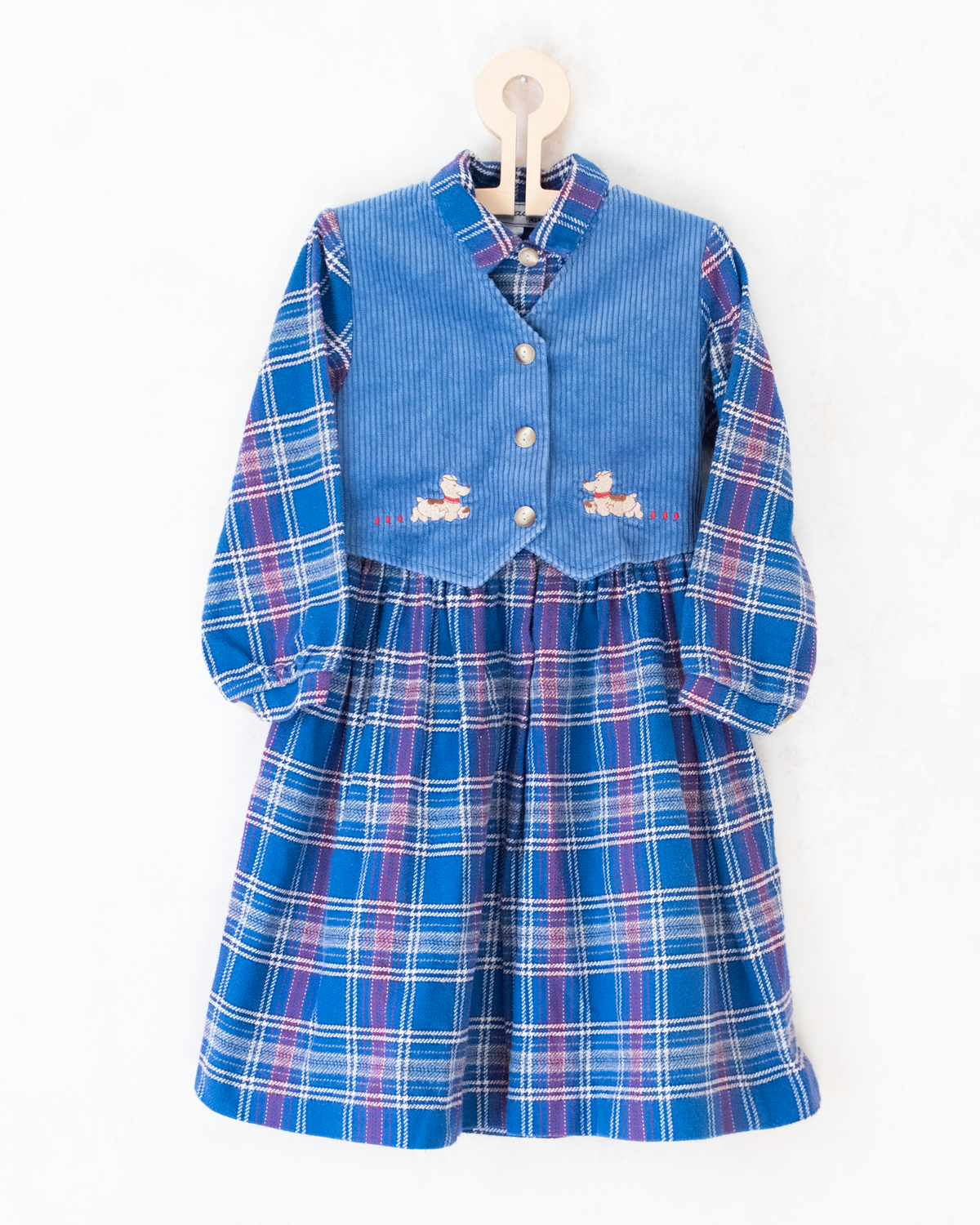 Blue plaid dress with embroidered dogs from Jacquard | 6-7 years