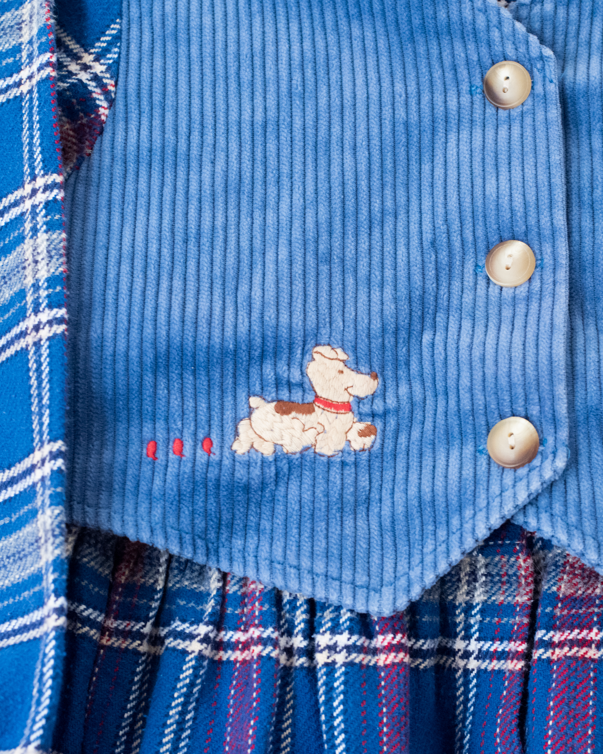 Blue plaid dress with embroidered dogs from Jacquard | 6-7 years