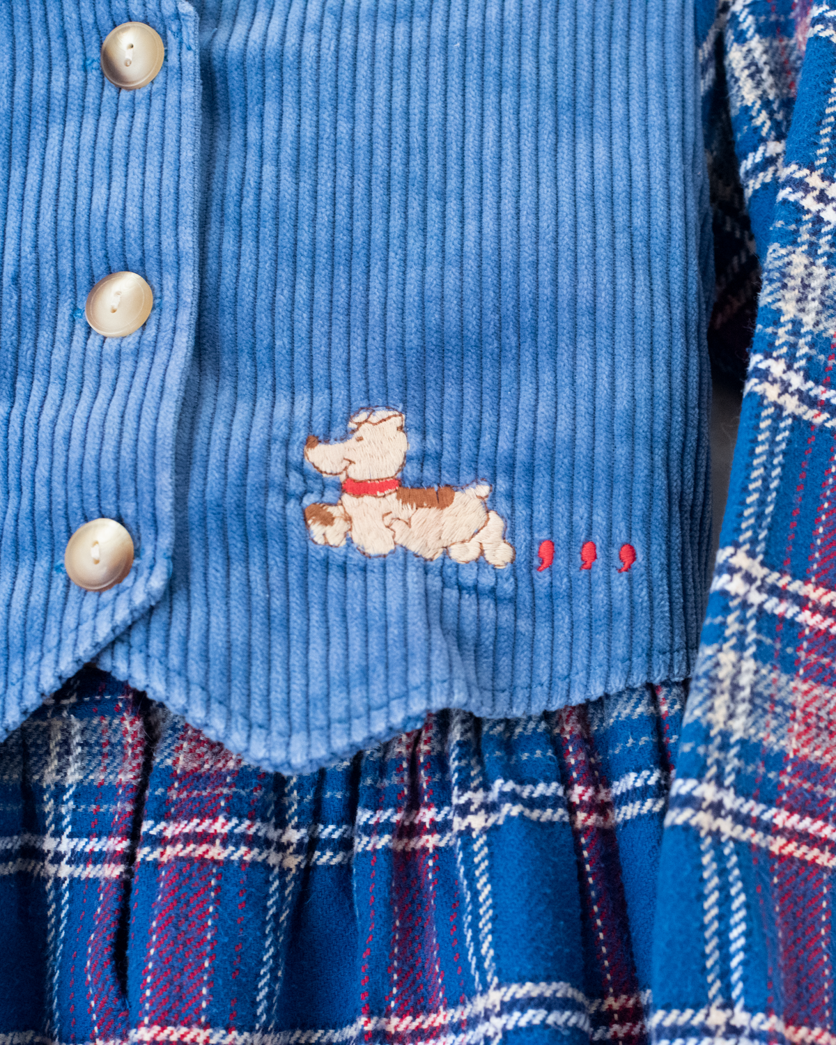 Blue plaid dress with embroidered dogs from Jacquard | 6-7 years
