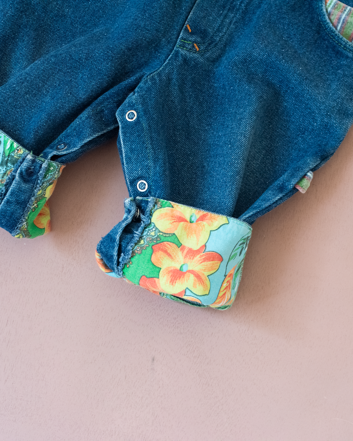 Denim overalls with colorful patches | 9-12 months